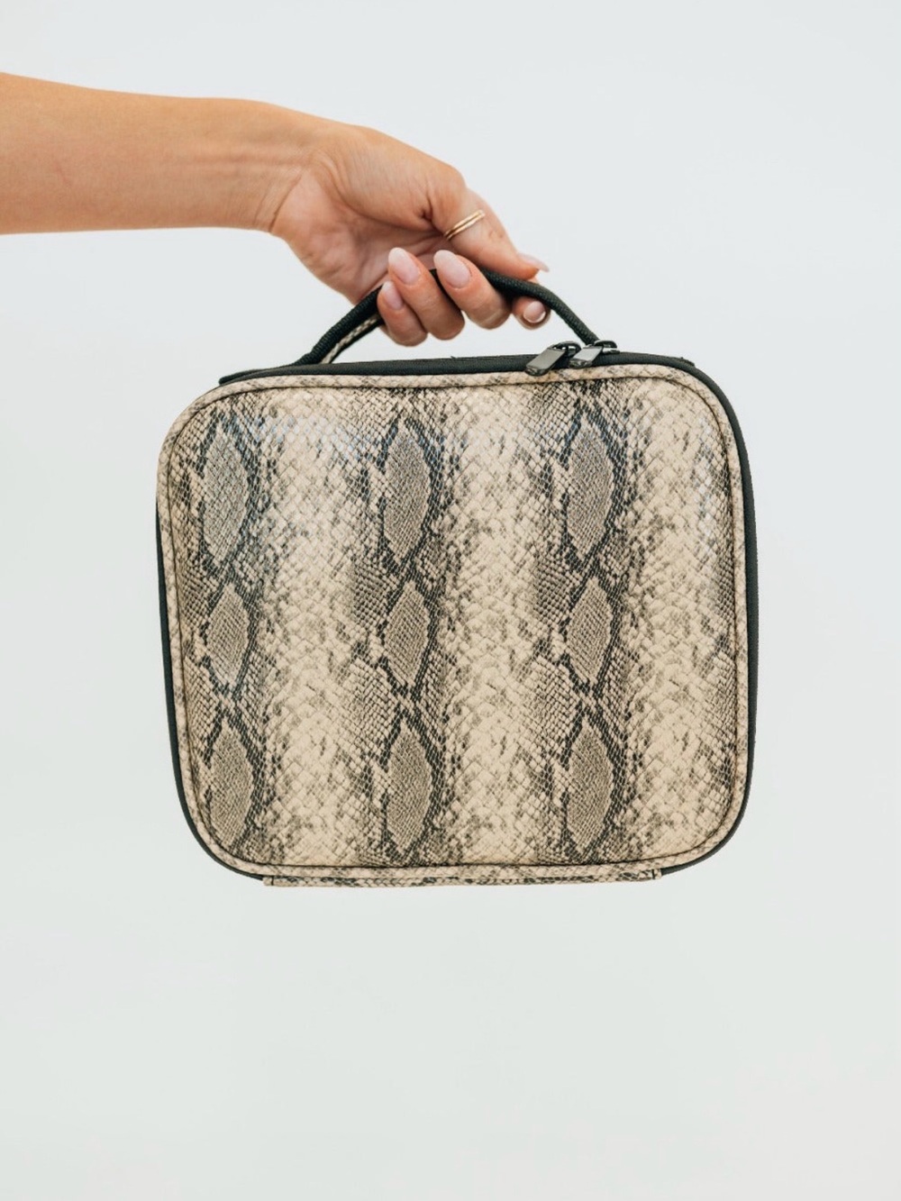 Modern + Chic Snake-Print Cosmetic Case in Beige and Black